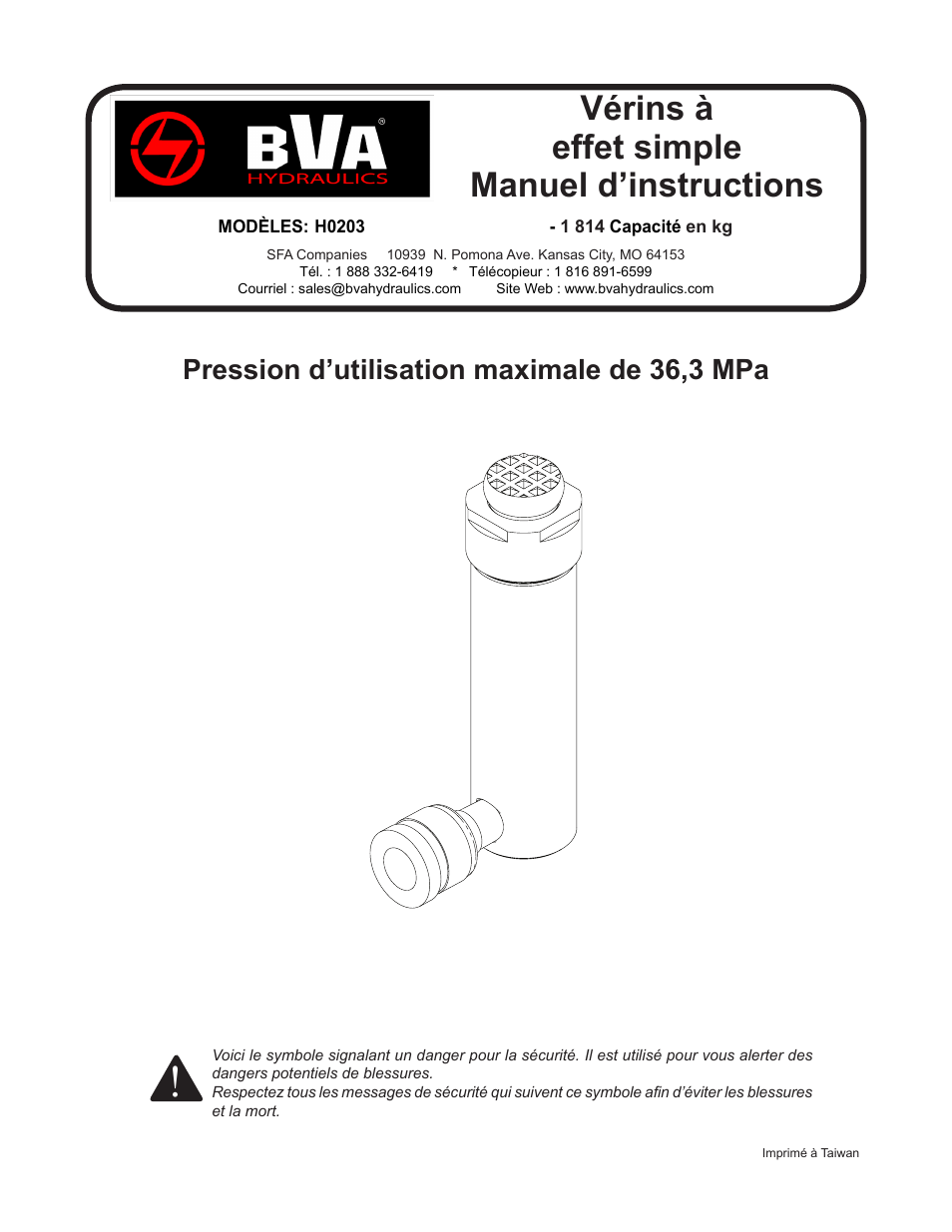 Vérins à effet simple manuel d’instructions, Pression d’utilisation maximale de 36,3 mpa | BVA Hydraulics H0203 User Manual | Page 8 / 24