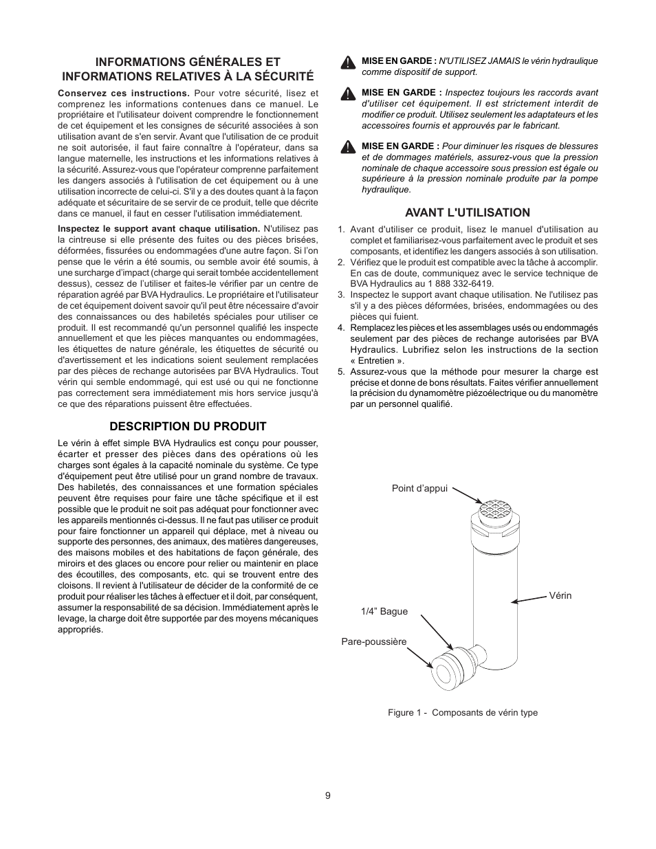 Avant l'utilisation, Description du produit | BVA Hydraulics H0203 User Manual | Page 9 / 24