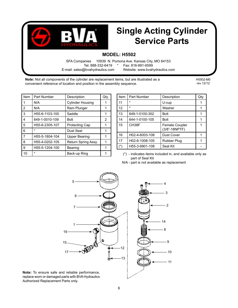 Single acting cylinder service parts, Model: h5502 | BVA Hydraulics H5502--H10010 User Manual | Page 6 / 12