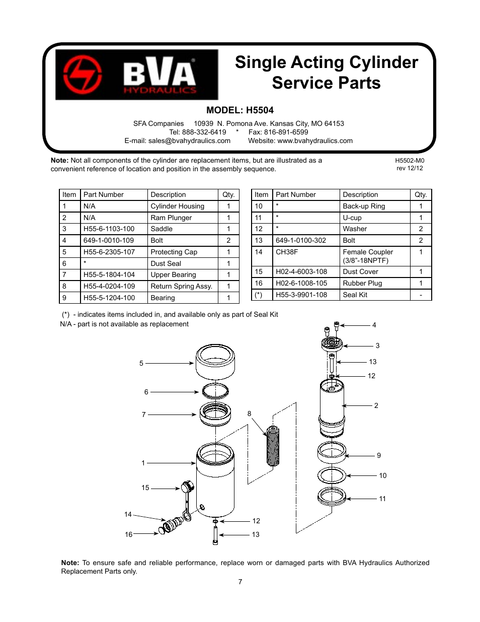 Single acting cylinder service parts, Model: h5504 | BVA Hydraulics H5502--H10010 User Manual | Page 7 / 12