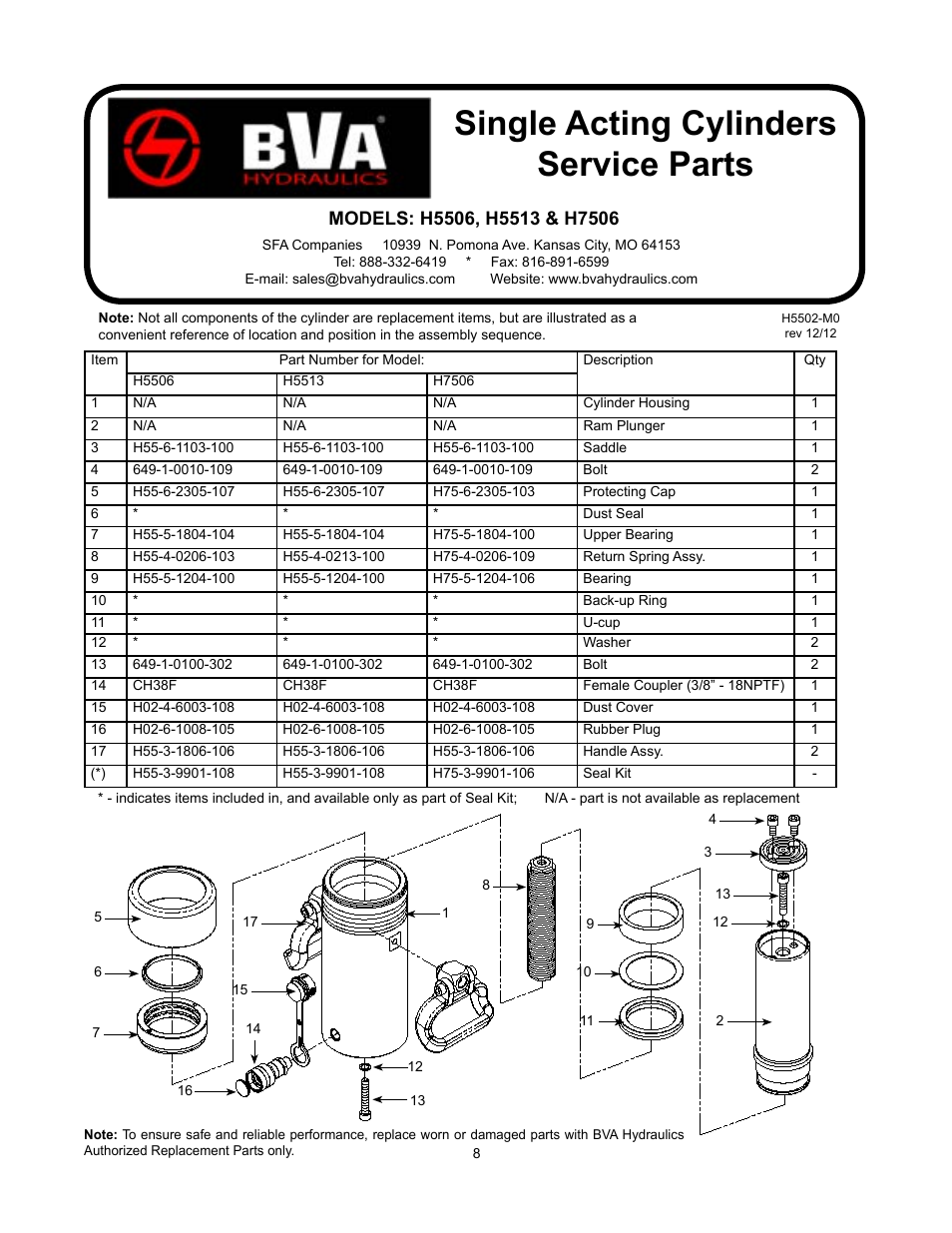 Single acting cylinders service parts | BVA Hydraulics H5502--H10010 User Manual | Page 8 / 12