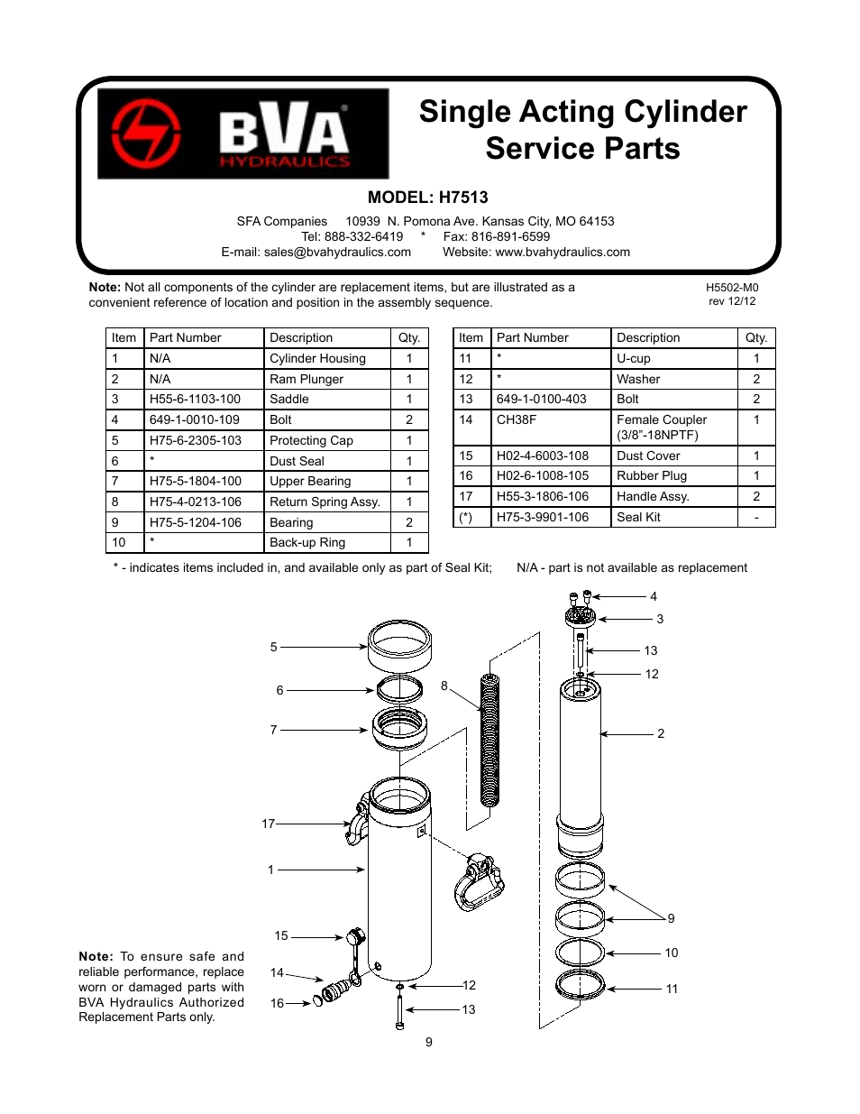 Single acting cylinder service parts, Model: h7513 | BVA Hydraulics H5502--H10010 User Manual | Page 9 / 12