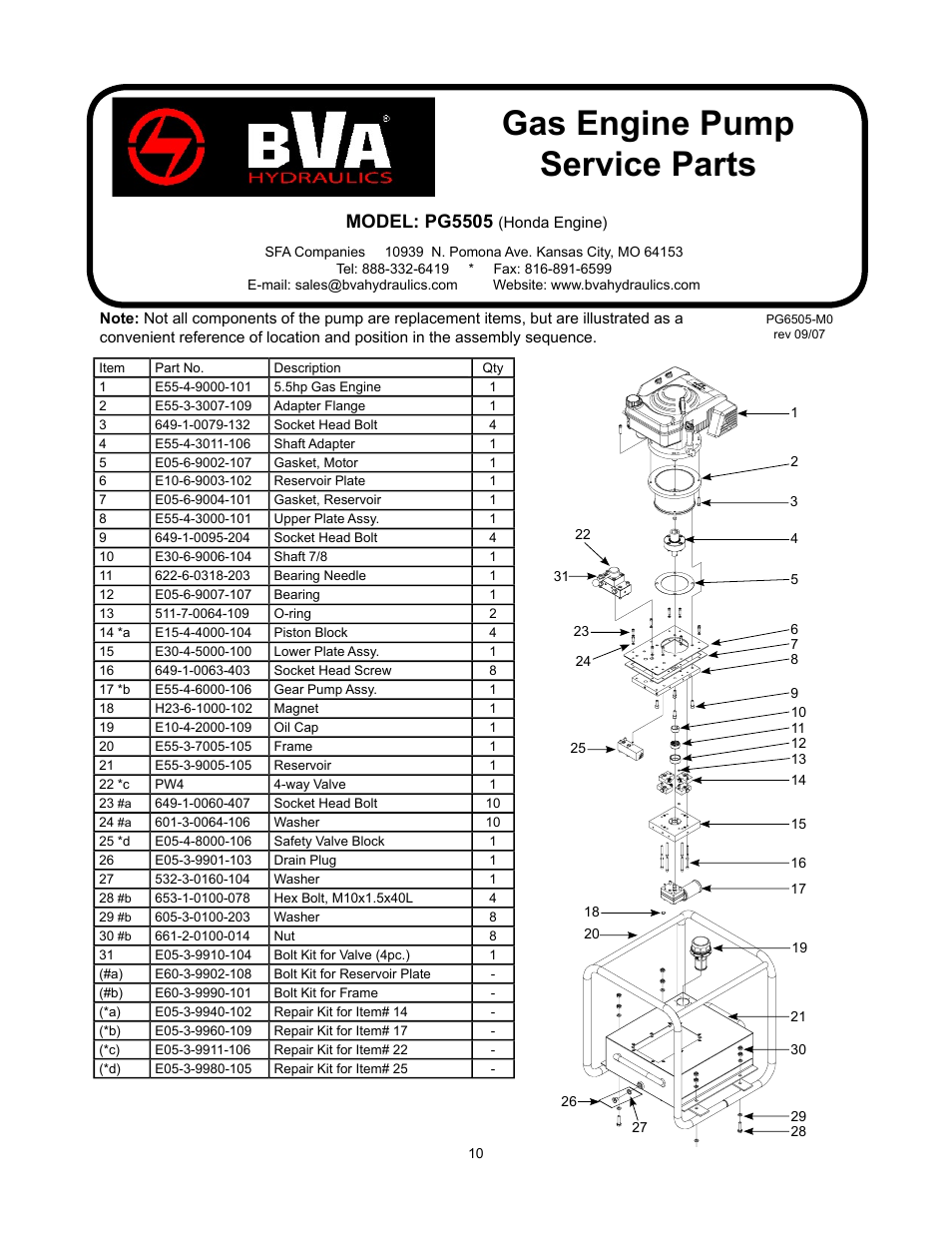 Gas engine pump service parts, Model: pg5505 | BVA Hydraulics PG6505 User Manual | Page 10 / 12