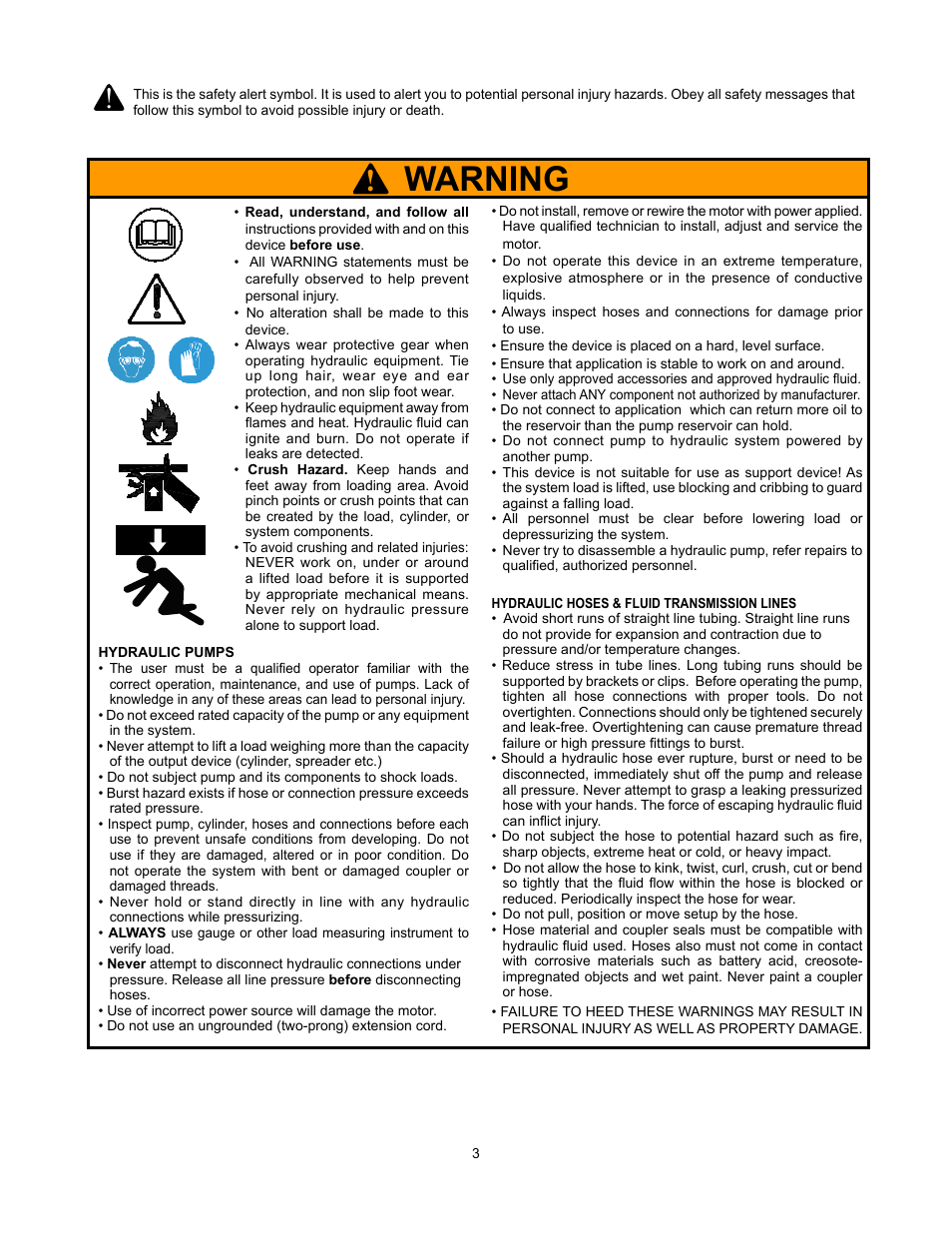 Warning | BVA Hydraulics PED0501T User Manual | Page 3 / 8