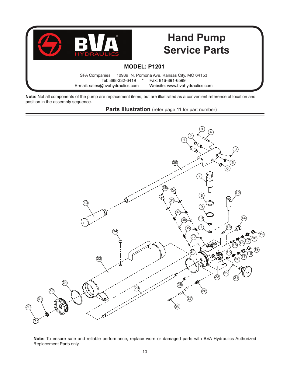 Hand pump service parts, Parts illustration, Model: p1201 | BVA Hydraulics P1201, P1201S, P2301, P2301M, P4301 User Manual | Page 10 / 16