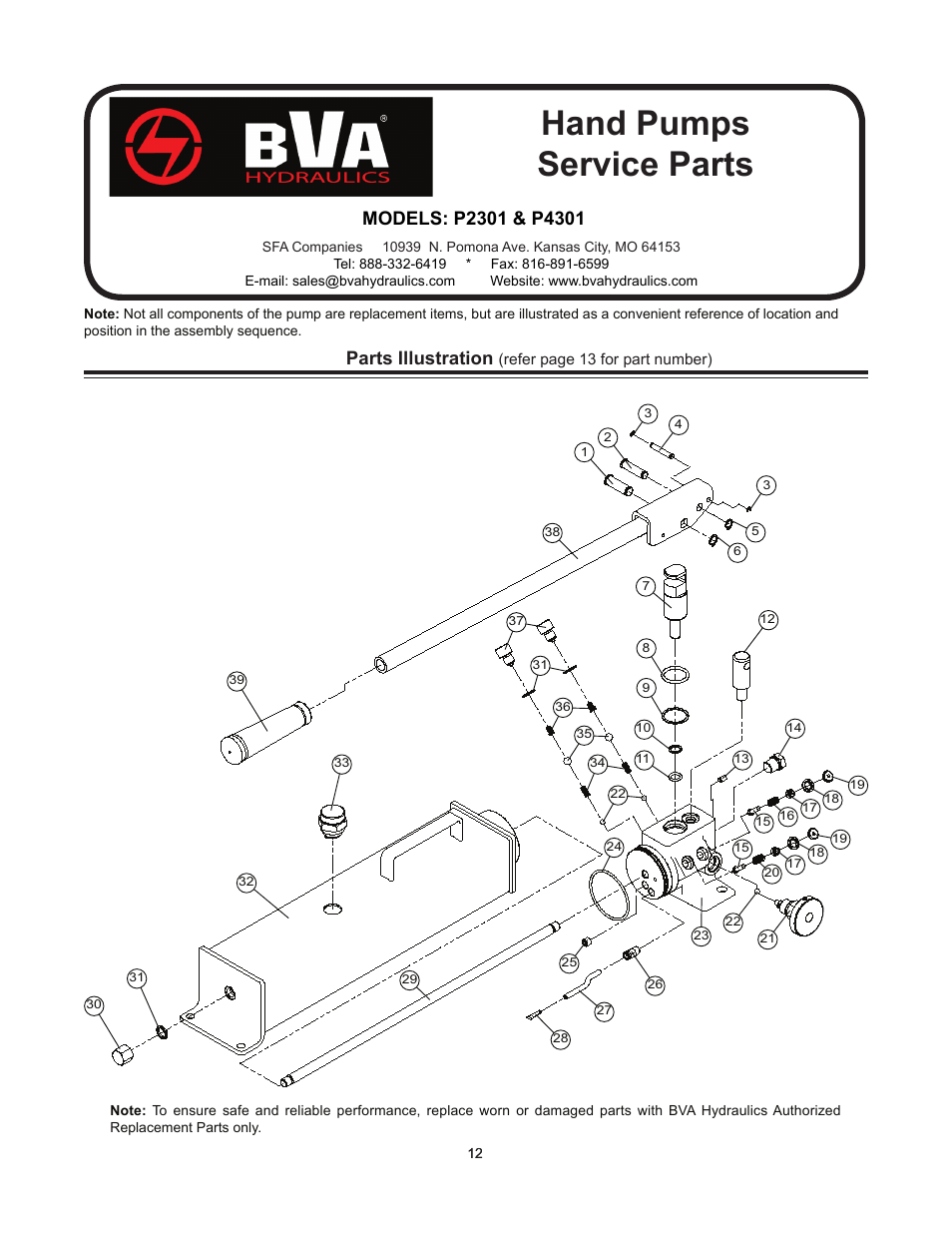 Hand pumps service parts, Parts illustration | BVA Hydraulics P1201, P1201S, P2301, P2301M, P4301 User Manual | Page 12 / 16