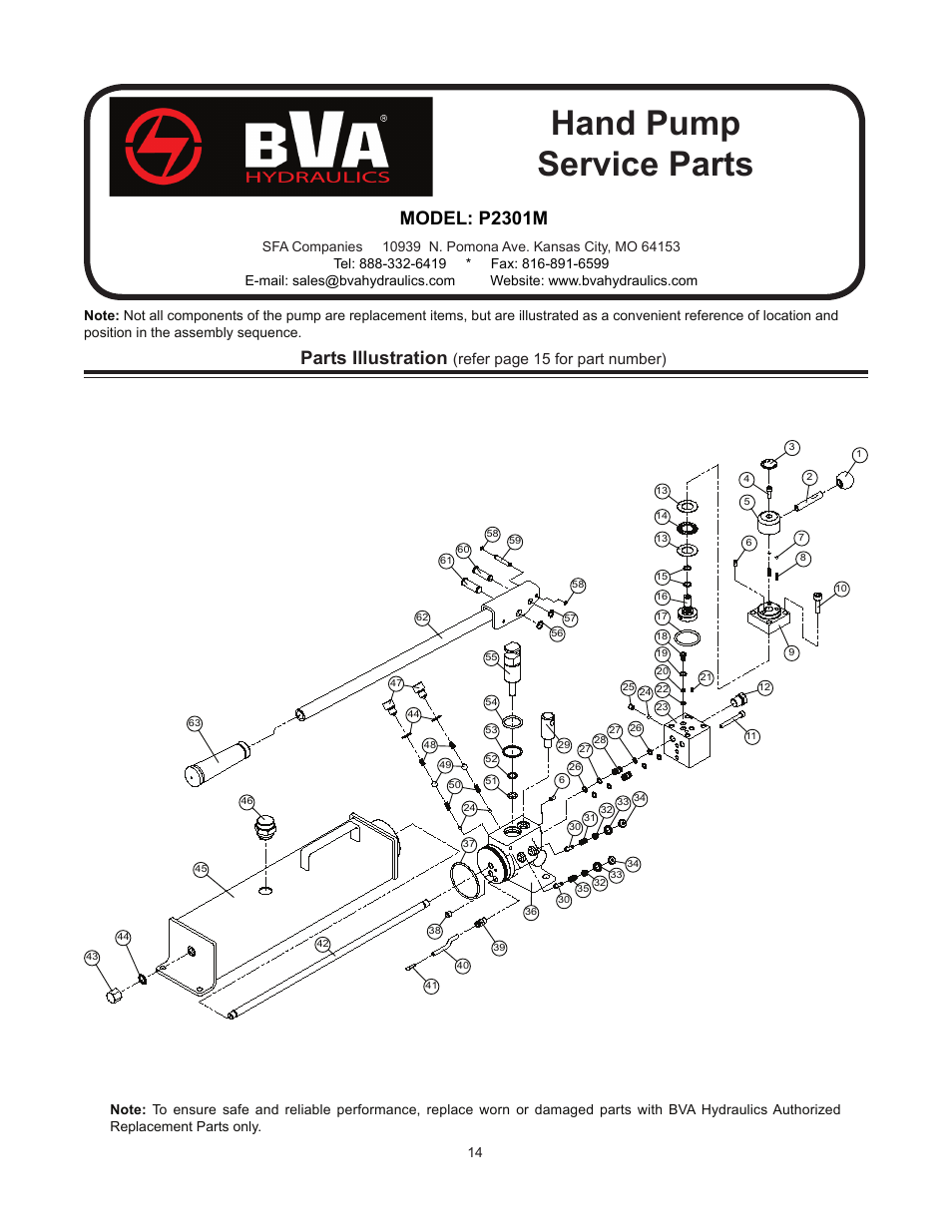 Hand pump service parts, Parts illustration, Model: p2301m | Refer page 15 for part number) | BVA Hydraulics P1201, P1201S, P2301, P2301M, P4301 User Manual | Page 14 / 16