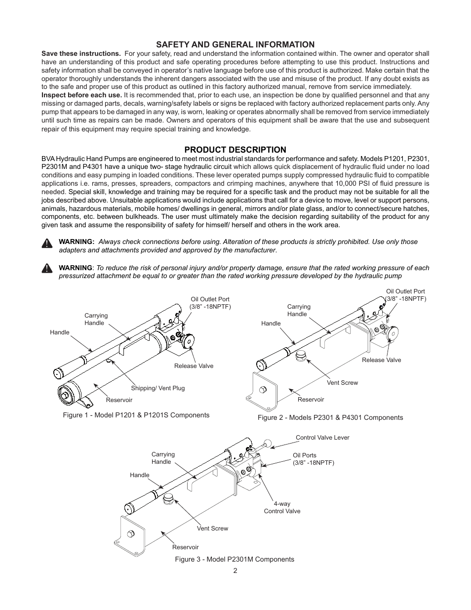 BVA Hydraulics P1201, P1201S, P2301, P2301M, P4301 User Manual | Page 2 / 16