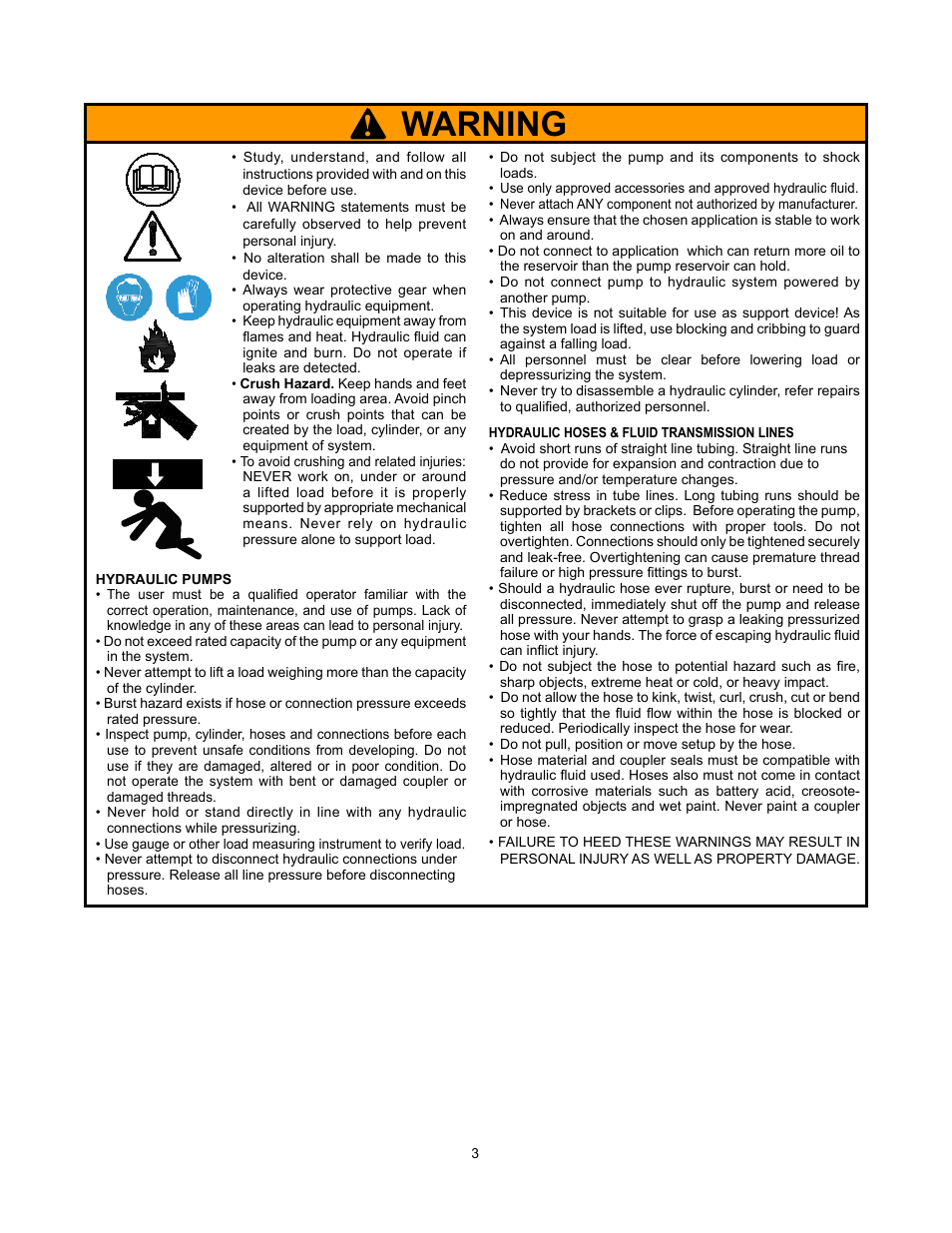 Warning | BVA Hydraulics P8701, P8701M User Manual | Page 3 / 8