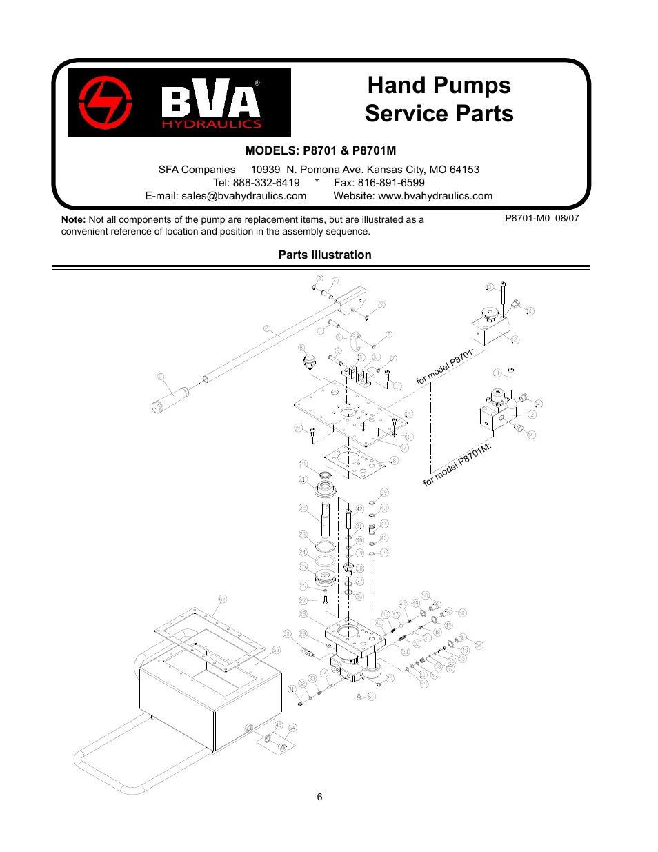 Hand pumps service parts | BVA Hydraulics P8701, P8701M User Manual | Page 6 / 8