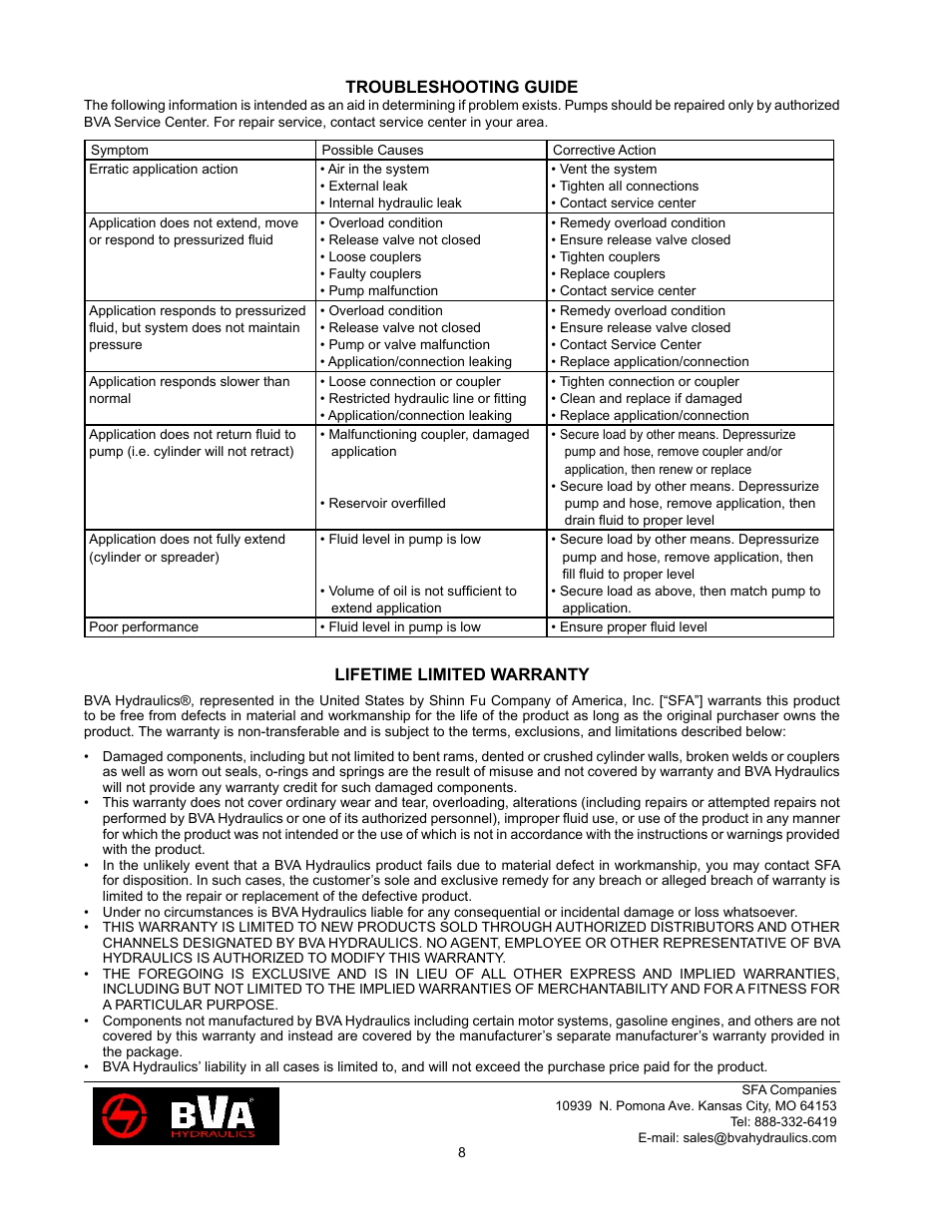 Lifetime limited warranty, Troubleshooting guide | BVA Hydraulics P8701, P8701M User Manual | Page 8 / 8