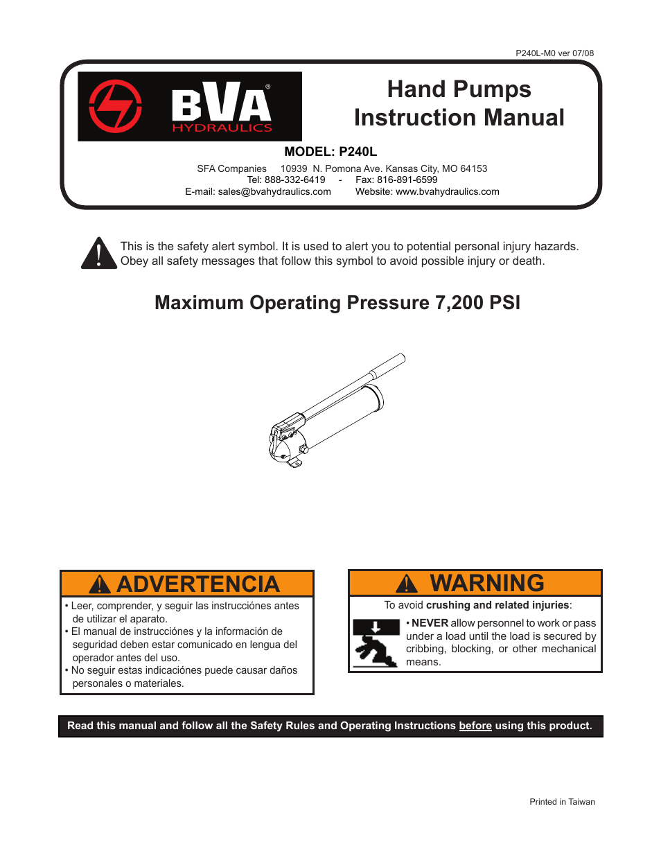 BVA Hydraulics P240L User Manual | 8 pages