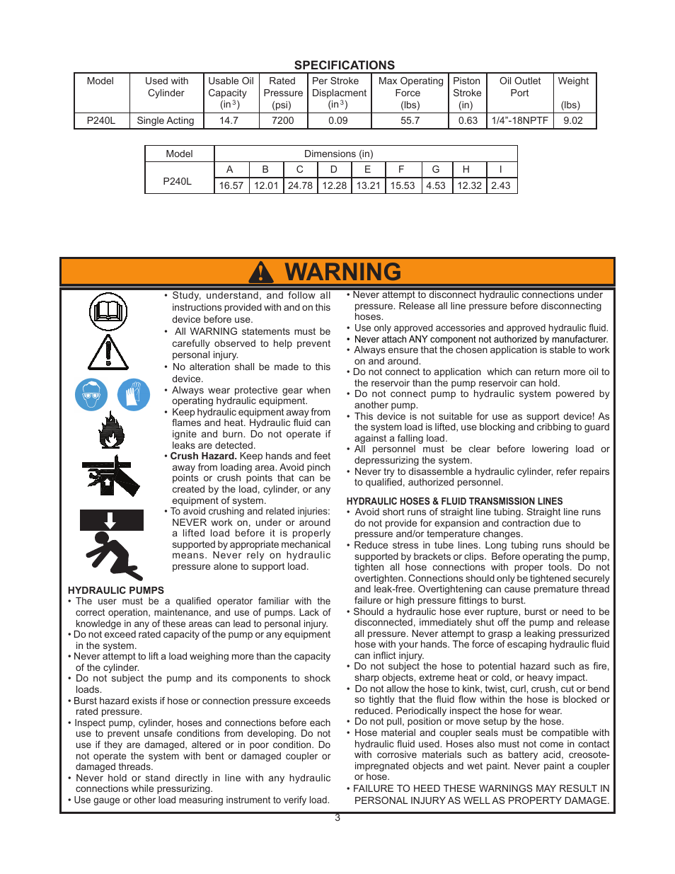 Warning | BVA Hydraulics P240L User Manual | Page 3 / 8