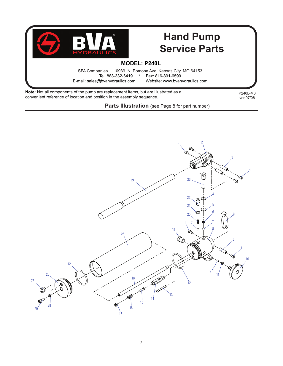 Hand pump service parts, Parts illustration, Model: p240l | BVA Hydraulics P240L User Manual | Page 7 / 8