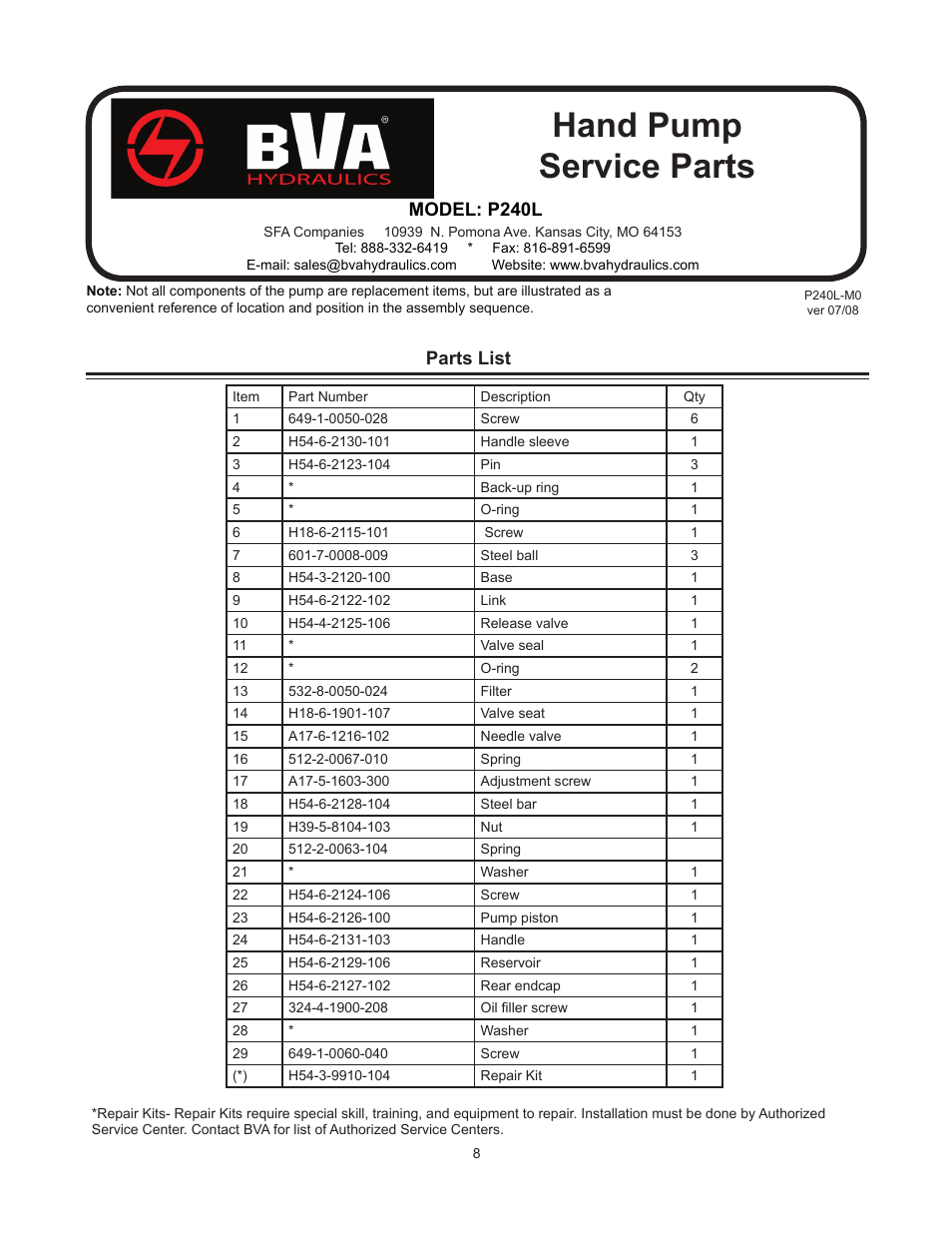 Hand pump service parts, Parts list, Model: p240l | BVA Hydraulics P240L User Manual | Page 8 / 8
