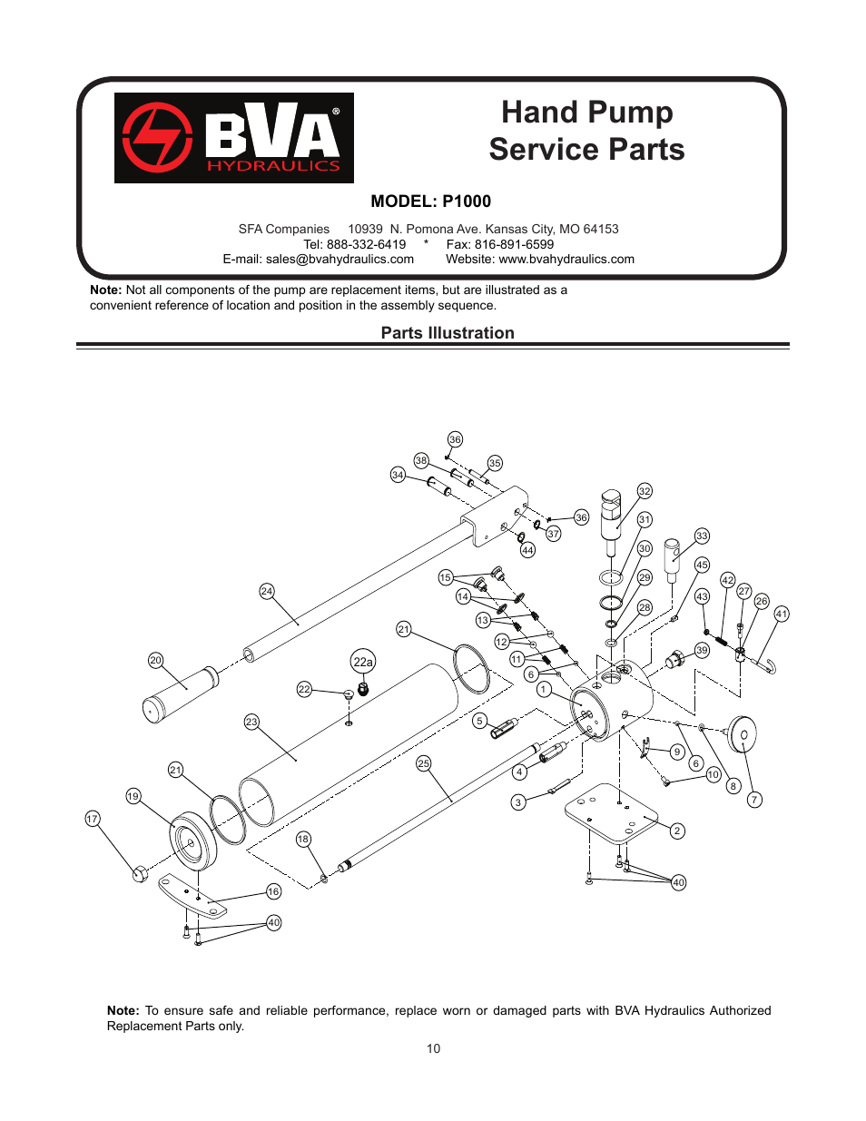 Hand pump service parts, Parts illustration, Model: p1000 | BVA Hydraulics P350, P601S, P1000, P1000AD, P2001 User Manual | Page 10 / 16