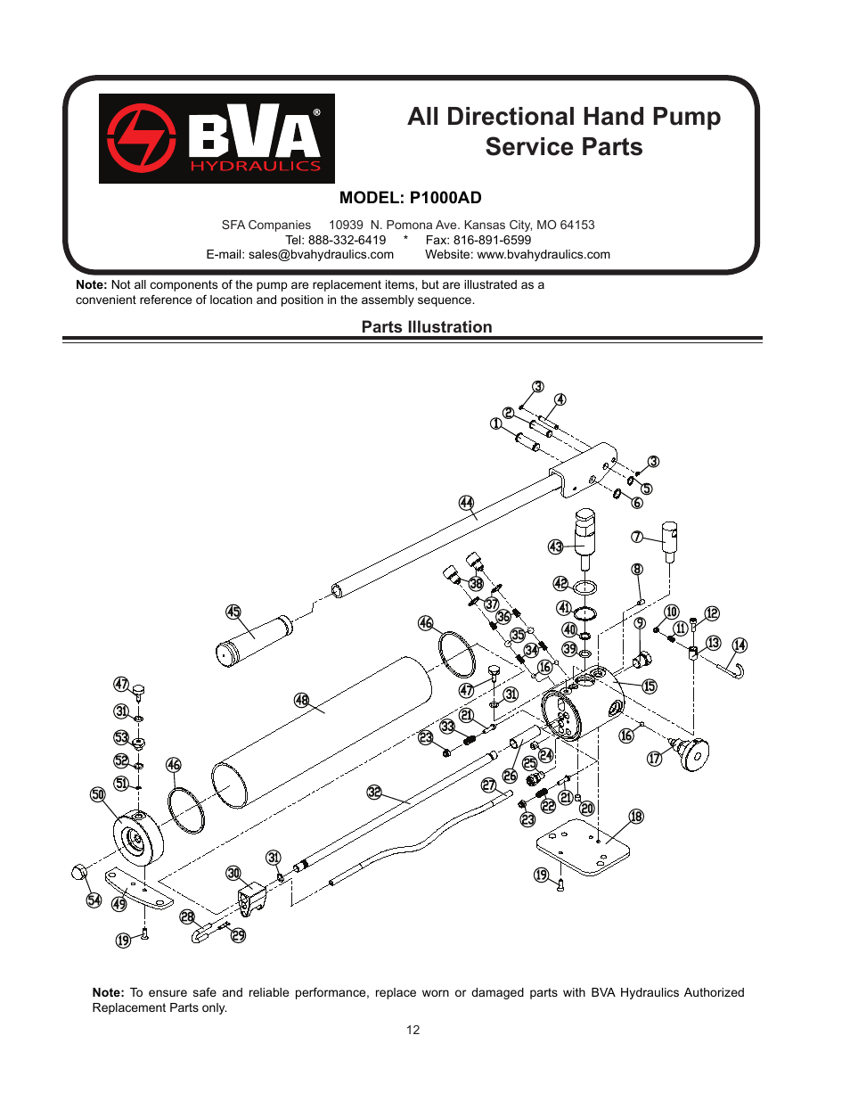 All directional hand pump service parts, Parts illustration, Model: p1000ad | BVA Hydraulics P350, P601S, P1000, P1000AD, P2001 User Manual | Page 12 / 16