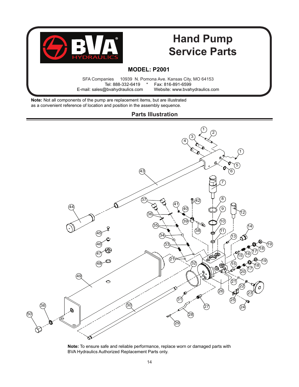 Hand pump service parts, Parts illustration, Model: p2001 | BVA Hydraulics P350, P601S, P1000, P1000AD, P2001 User Manual | Page 14 / 16