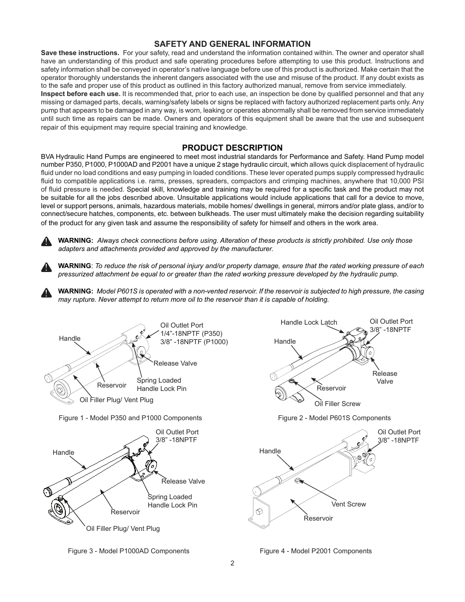 BVA Hydraulics P350, P601S, P1000, P1000AD, P2001 User Manual | Page 2 / 16