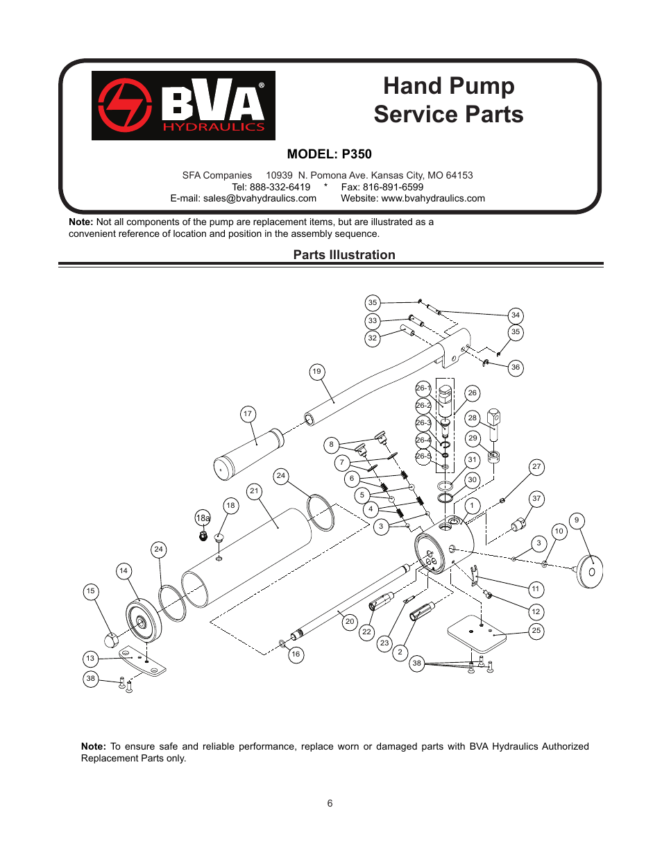 Hand pump service parts, Parts illustration, Model: p350 | BVA Hydraulics P350, P601S, P1000, P1000AD, P2001 User Manual | Page 6 / 16