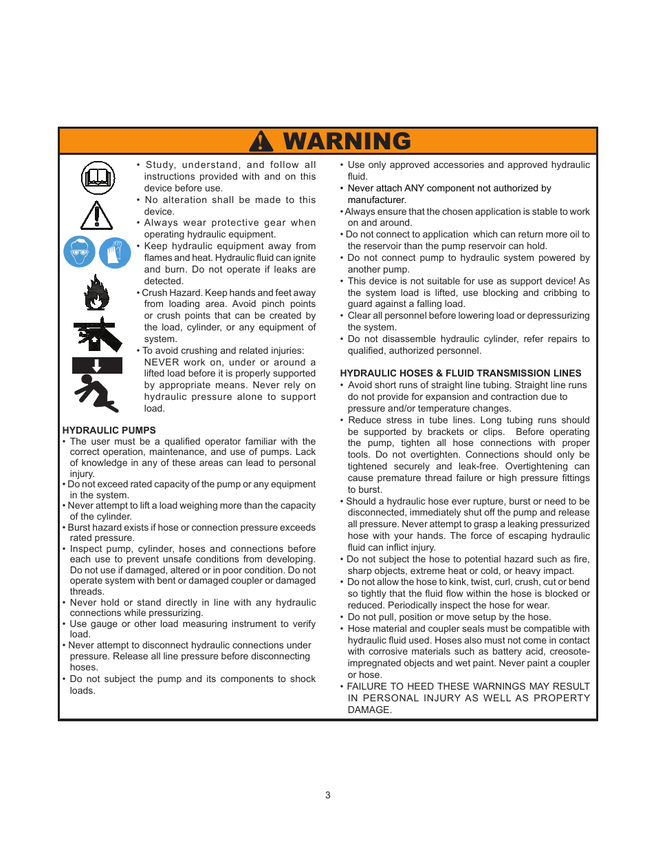 Warning | BVA Hydraulics PA7550M User Manual | Page 3 / 8