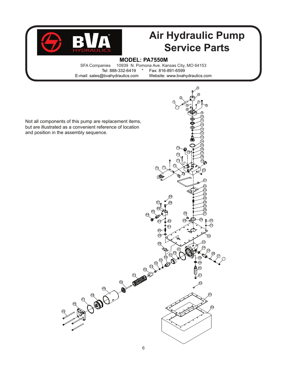 Air hydraulic pump service parts, Model: pa7550m | BVA Hydraulics PA7550M User Manual | Page 6 / 8