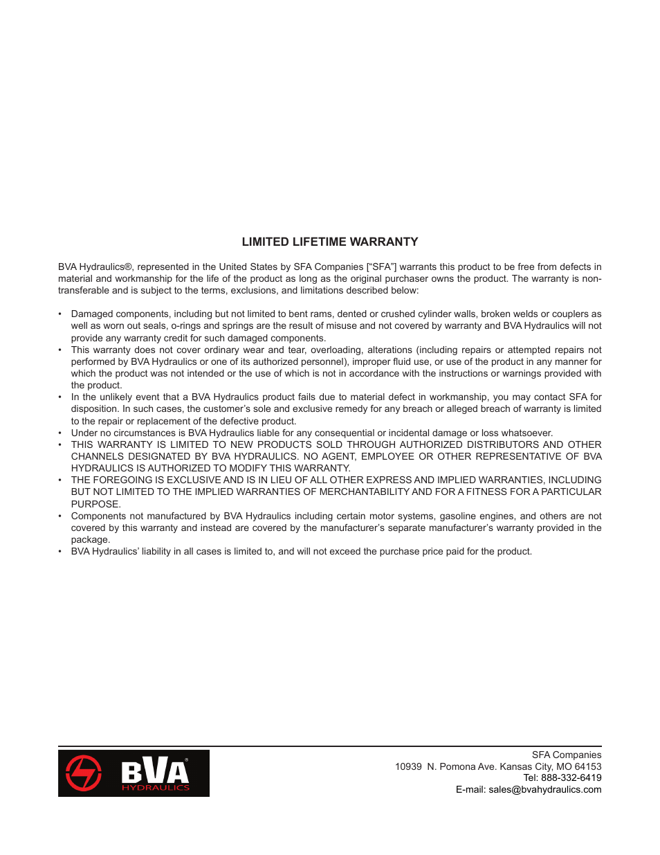 BVA Hydraulics PA7550M User Manual | Page 8 / 8