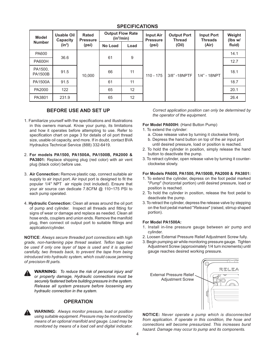 BVA Hydraulics PA600, PA600H, PA1500, PA1500A, PA1500B, PA2000, PA3801 User Manual | Page 4 / 16