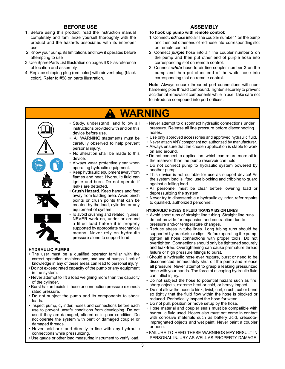 Warning | BVA Hydraulics PA1500L & PA3801L User Manual | Page 3 / 12