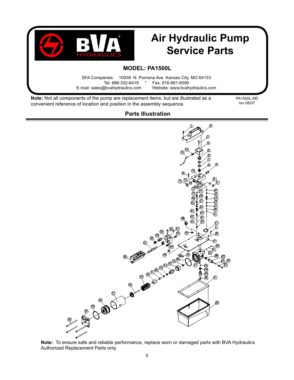Air hydraulic pump service parts | BVA Hydraulics PA1500L & PA3801L User Manual | Page 6 / 12