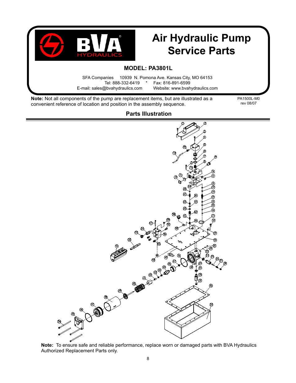 Air hydraulic pump service parts | BVA Hydraulics PA1500L & PA3801L User Manual | Page 8 / 12