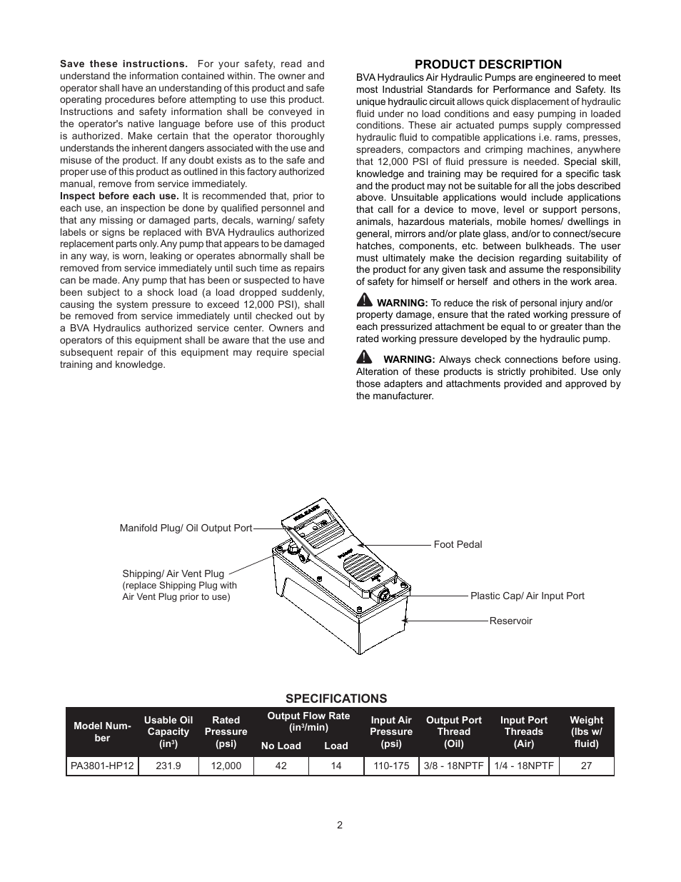 BVA Hydraulics PA3801-HP12 User Manual | Page 2 / 8