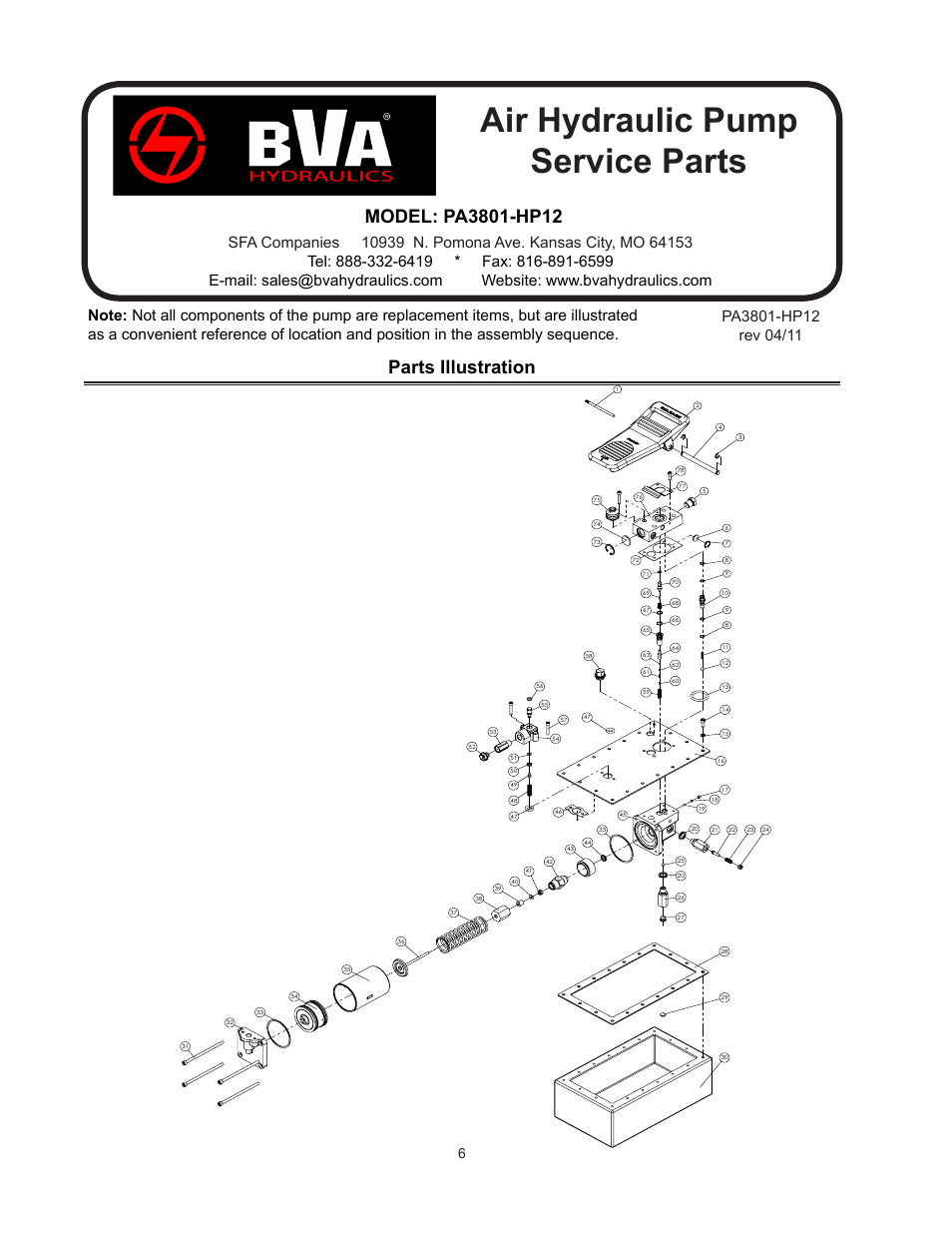 Air hydraulic pump service parts, Parts illustration | BVA Hydraulics PA3801-HP12 User Manual | Page 6 / 8