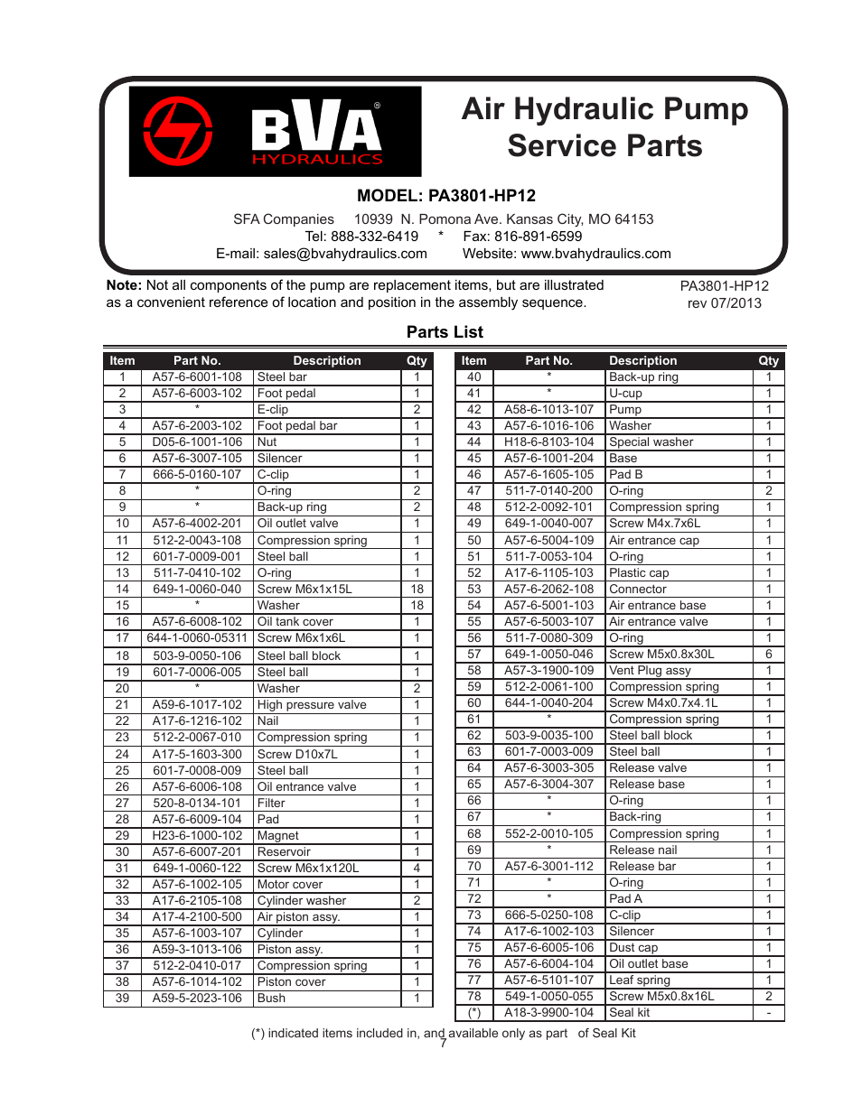 Air hydraulic pump service parts, Parts list | BVA Hydraulics PA3801-HP12 User Manual | Page 7 / 8