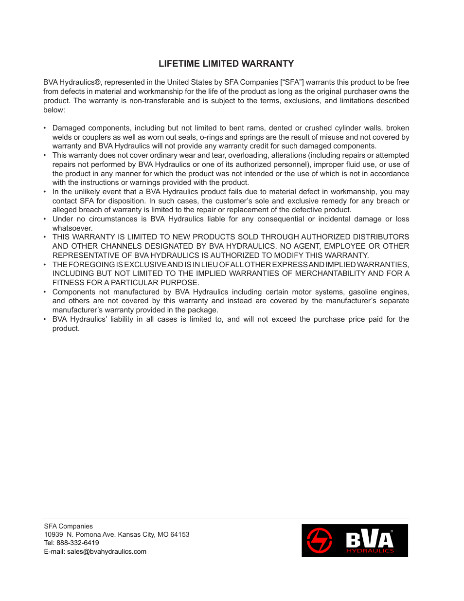 BVA Hydraulics PA3801-HP12 User Manual | Page 8 / 8