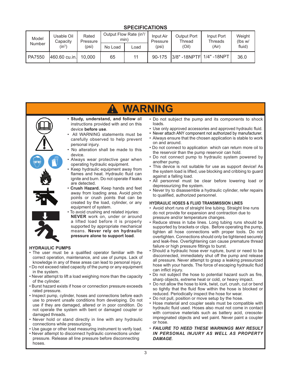 Warning | BVA Hydraulics PA7550 User Manual | Page 3 / 8