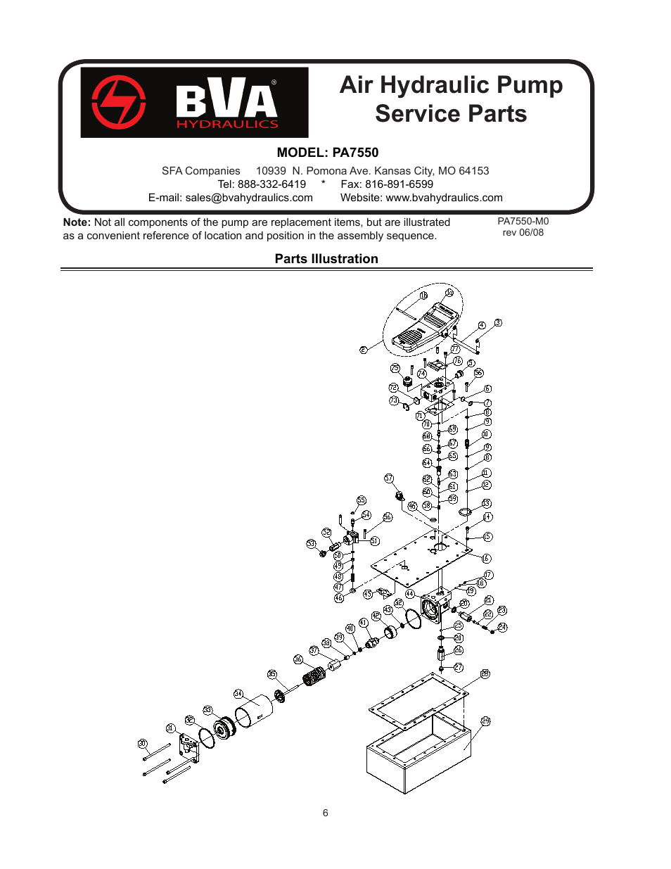 Air hydraulic pump service parts | BVA Hydraulics PA7550 User Manual | Page 6 / 8