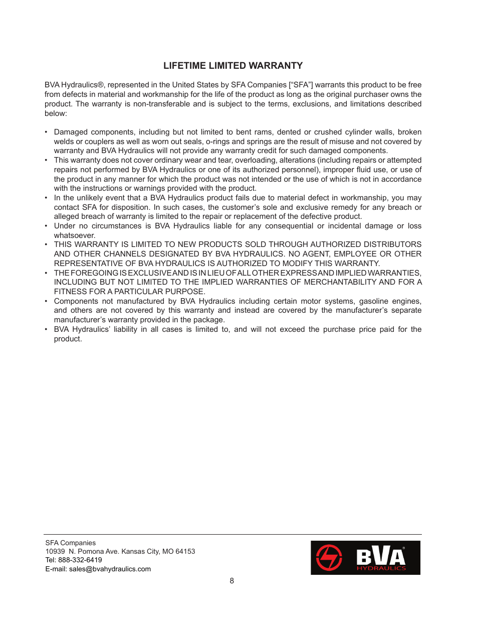 BVA Hydraulics PA7550 User Manual | Page 8 / 8