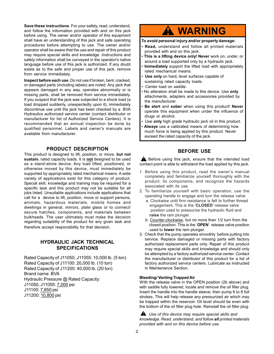Warning | BVA Hydraulics J11100, J11200 User Manual | Page 2 / 8