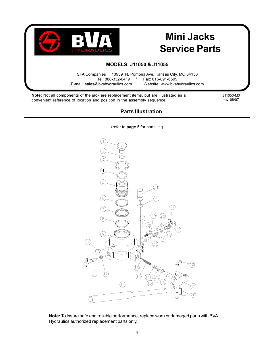 Mini jacks service parts | BVA Hydraulics J11100, J11200 User Manual | Page 4 / 8