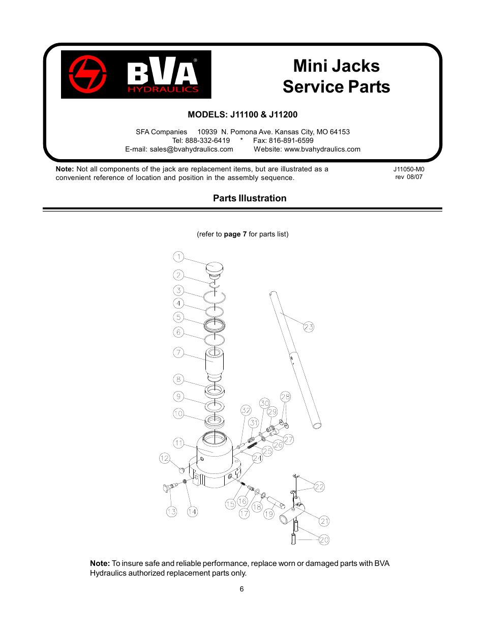 Mini jacks service parts | BVA Hydraulics J11100, J11200 User Manual | Page 6 / 8