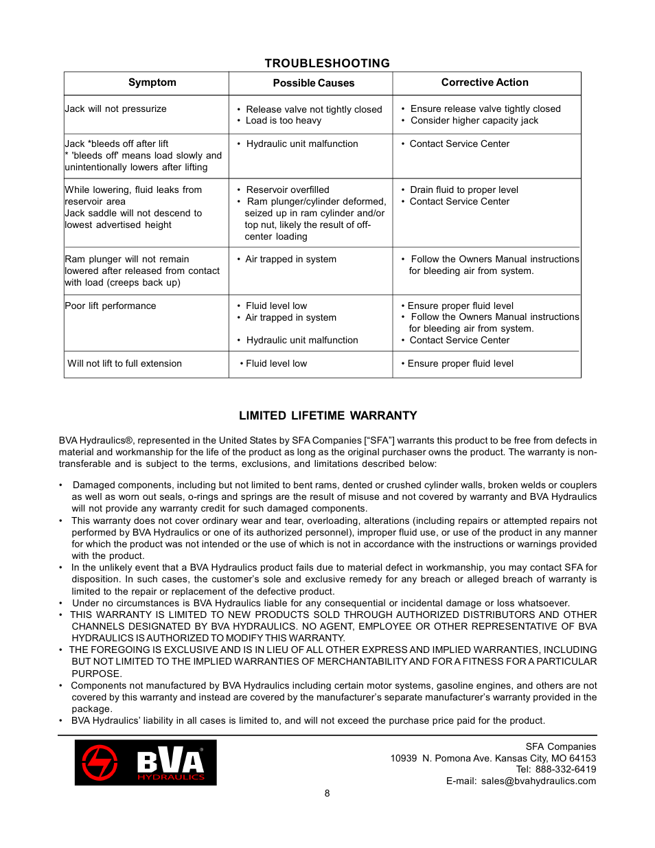 BVA Hydraulics J11100, J11200 User Manual | Page 8 / 8