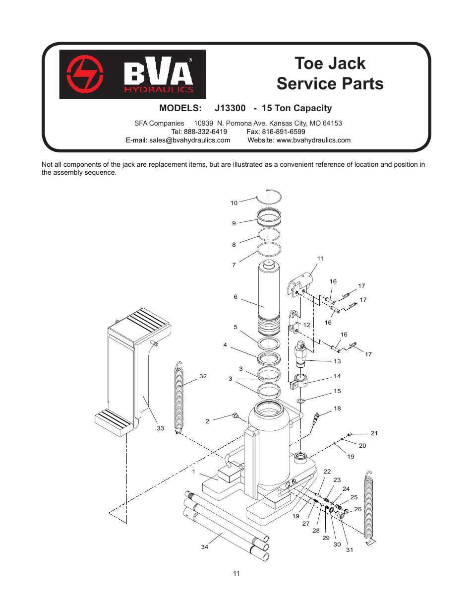 Toe jack service parts | BVA Hydraulics J13300 User Manual | Page 11 / 12