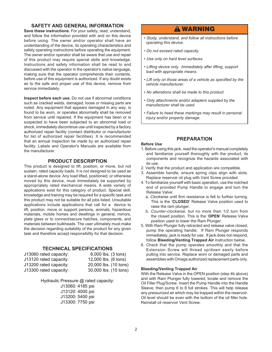 Warning | BVA Hydraulics J13300 User Manual | Page 2 / 12
