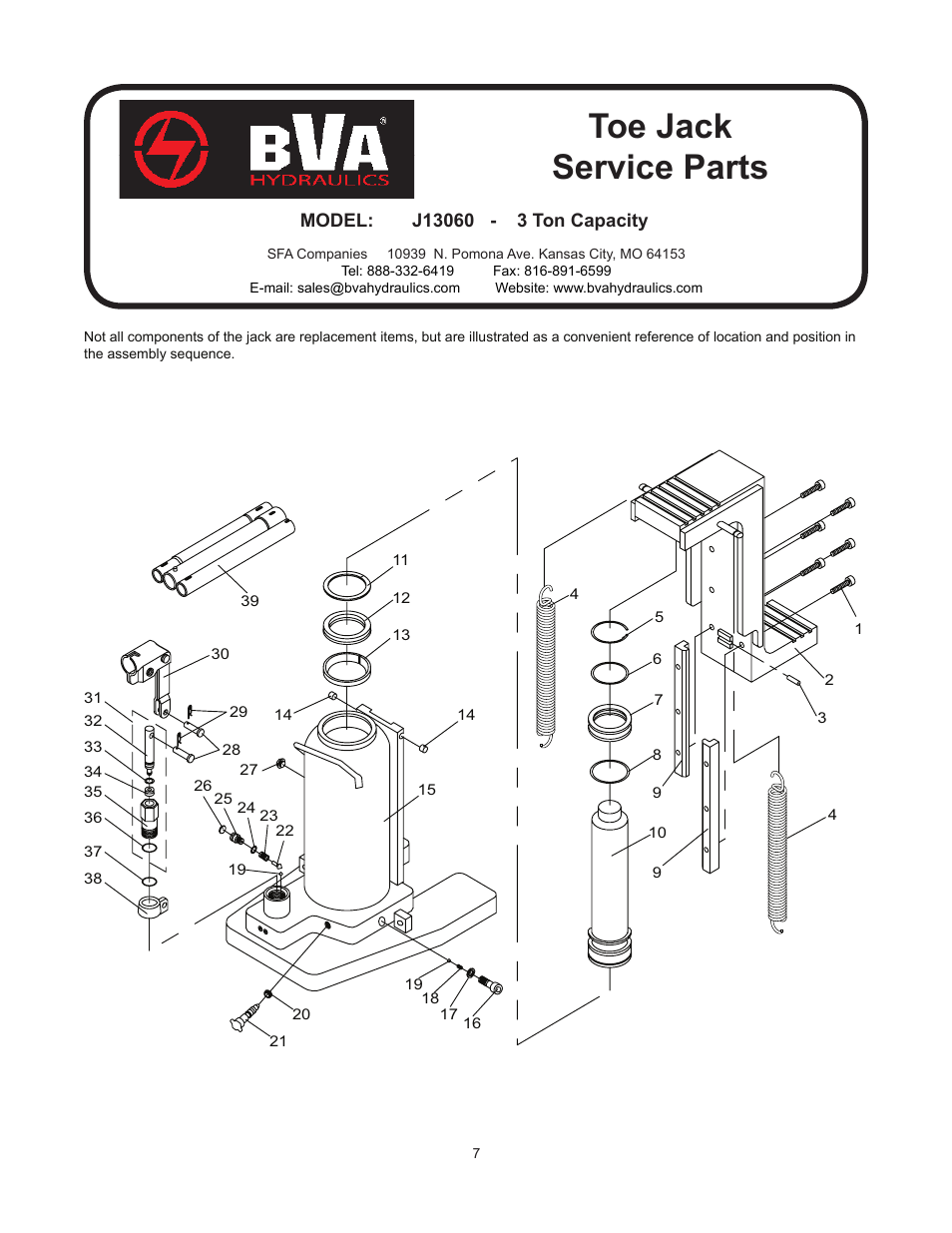 Toe jack service parts | BVA Hydraulics J13300 User Manual | Page 7 / 12