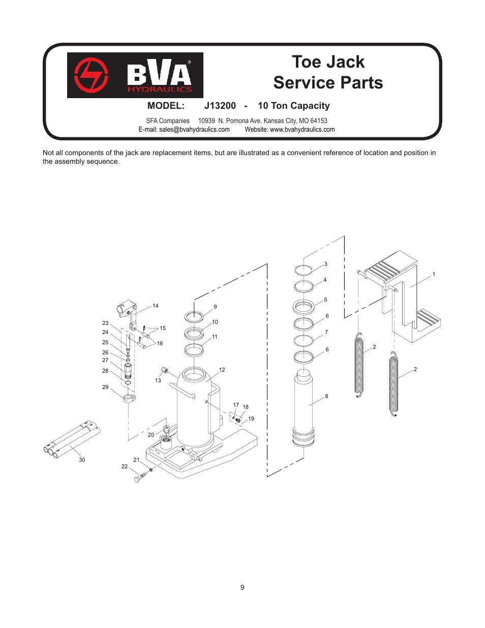 Toe jack service parts | BVA Hydraulics J13300 User Manual | Page 9 / 12