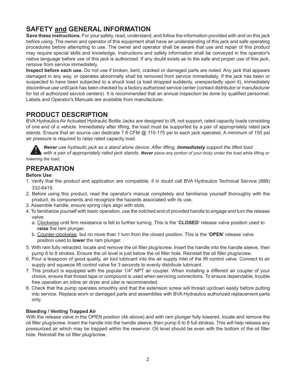 Safety and general information, Product description, Preparation | BVA Hydraulics J18302 User Manual | Page 2 / 8