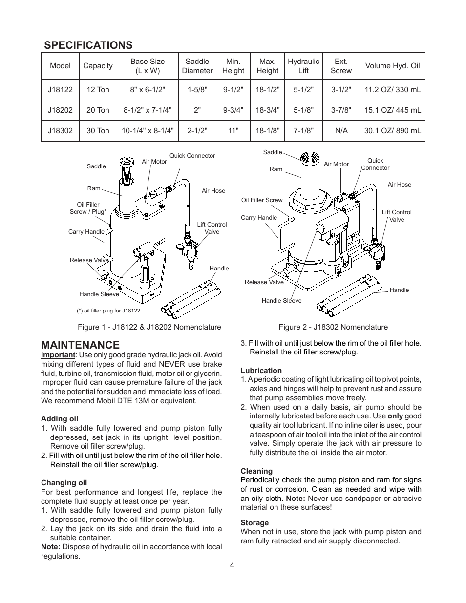 Specifications, Maintenance | BVA Hydraulics J18302 User Manual | Page 4 / 8