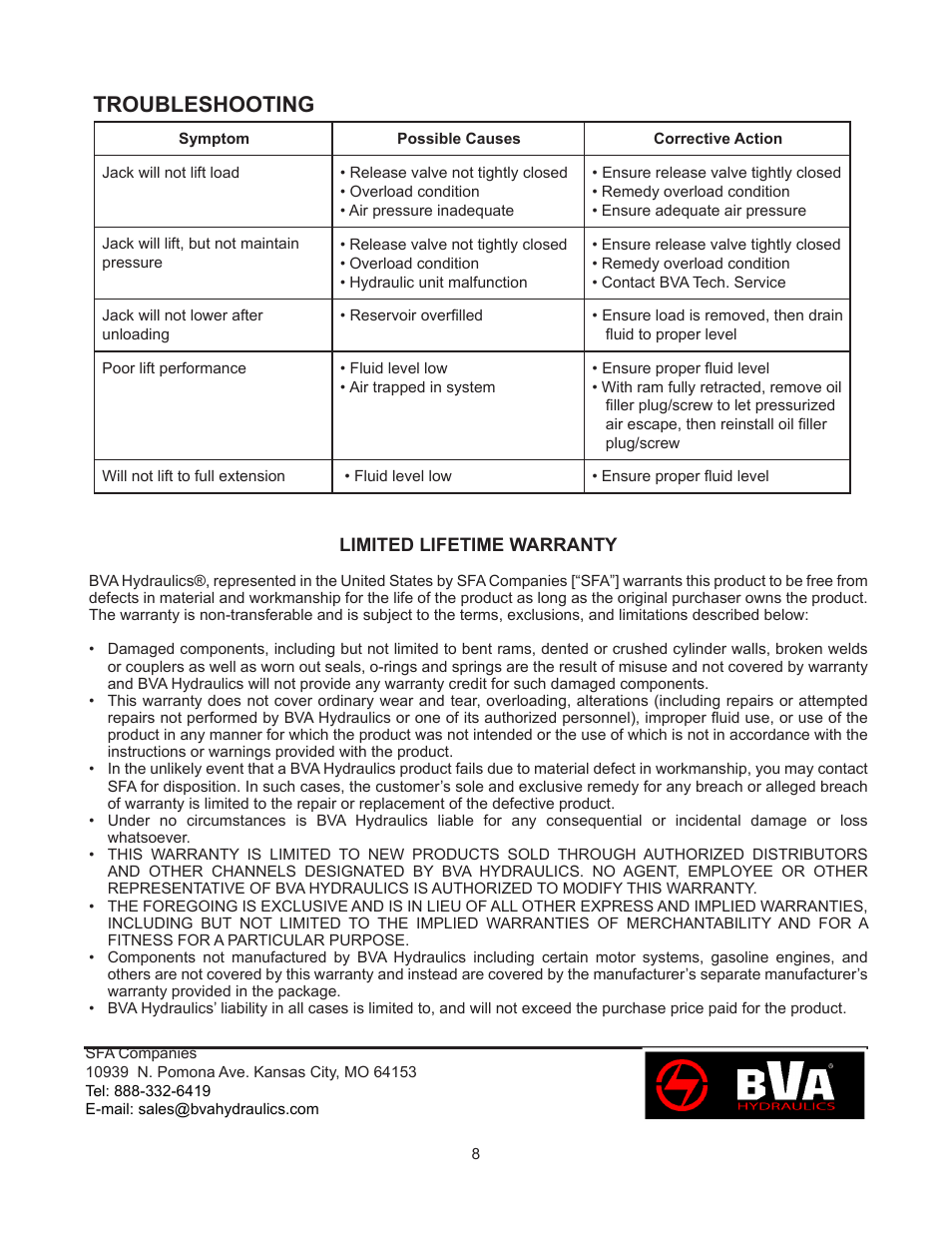 Troubleshooting | BVA Hydraulics J18302 User Manual | Page 8 / 8