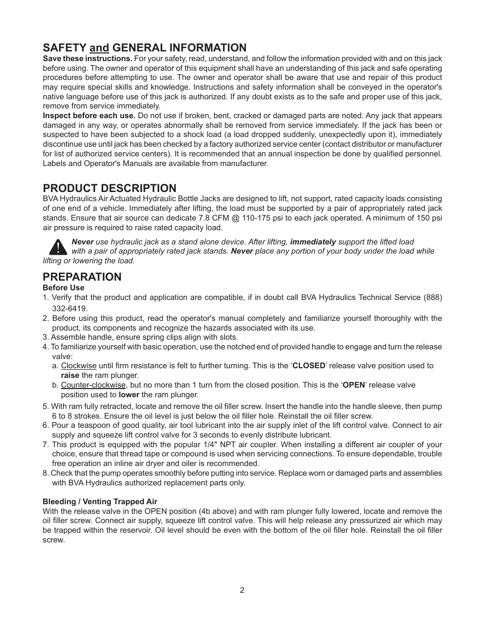 Safety and general information, Product description, Preparation | BVA Hydraulics J18992 User Manual | Page 2 / 8